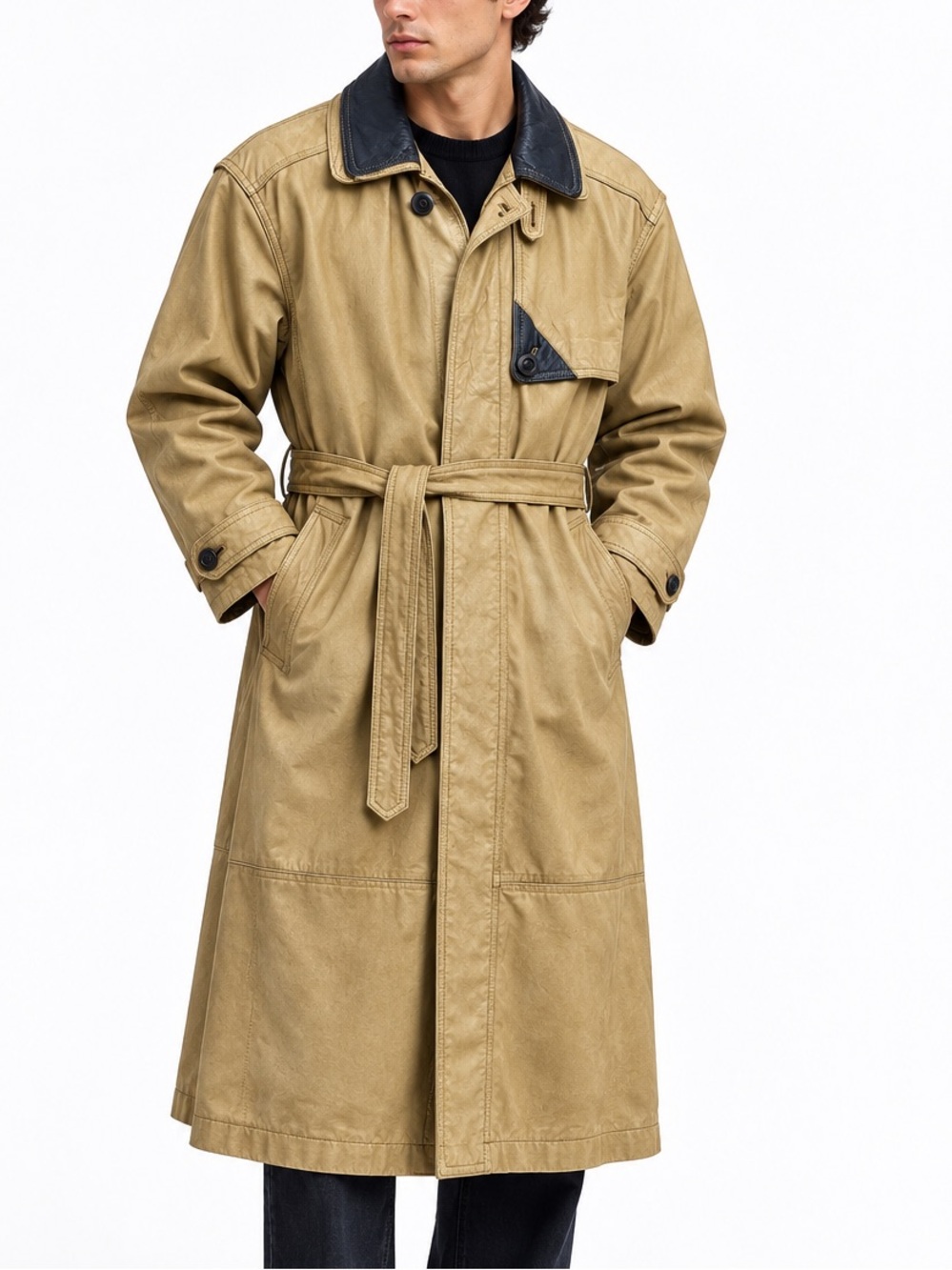 Vintage BUGATCHI Full-Length Soft Leather Trench Coat- 48 in Long - Tan/Beige